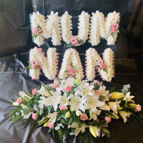 MUM, NAN and Double Ended Coffin Spray in Pale Pink